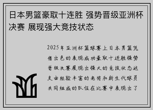 日本男篮豪取十连胜 强势晋级亚洲杯决赛 展现强大竞技状态