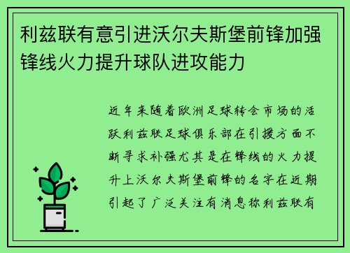 利兹联有意引进沃尔夫斯堡前锋加强锋线火力提升球队进攻能力